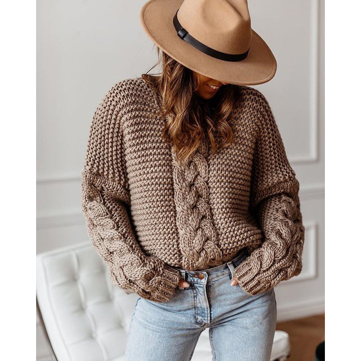 Damen Grobstrickpullover mit Zopfmuster und weiten Ärmeln Drune