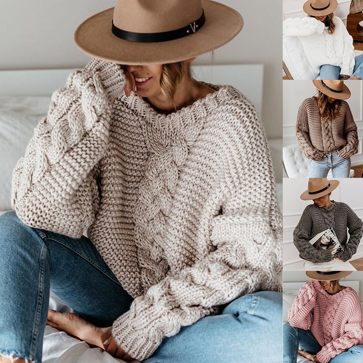 Damen Grobstrickpullover mit elegantem Zopfmuster und weitem Schnitt Drune