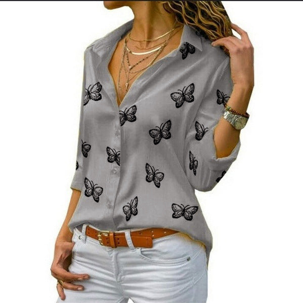 Damen nan lockere Longbluse mit Schmetterlingsprint und Hemdkragen Drune