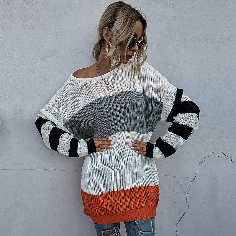 Damen lässiger Überwurf-Pullover mit farblich harmonischem Streifenmuster Drune