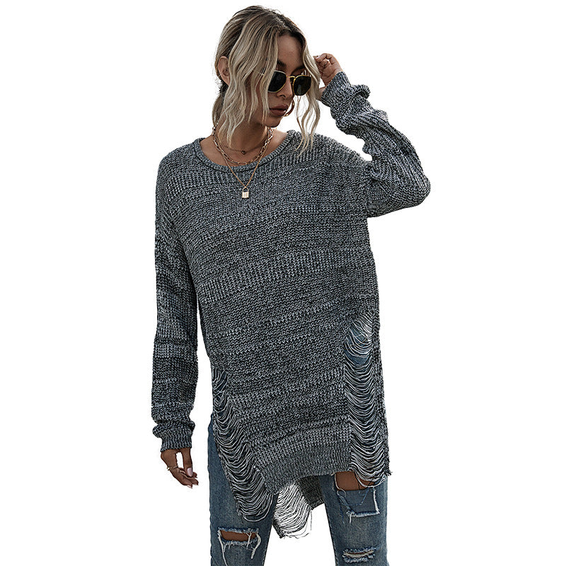 Damen lässiger Strickpullover mit moderner Fransenoptik und asymmetrischem Saum Drune