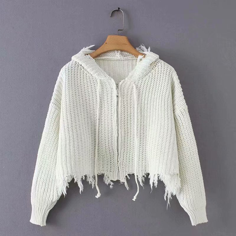 Damen lässige Strickjacke mit Kapuze und asymmetrischem Saum Drune