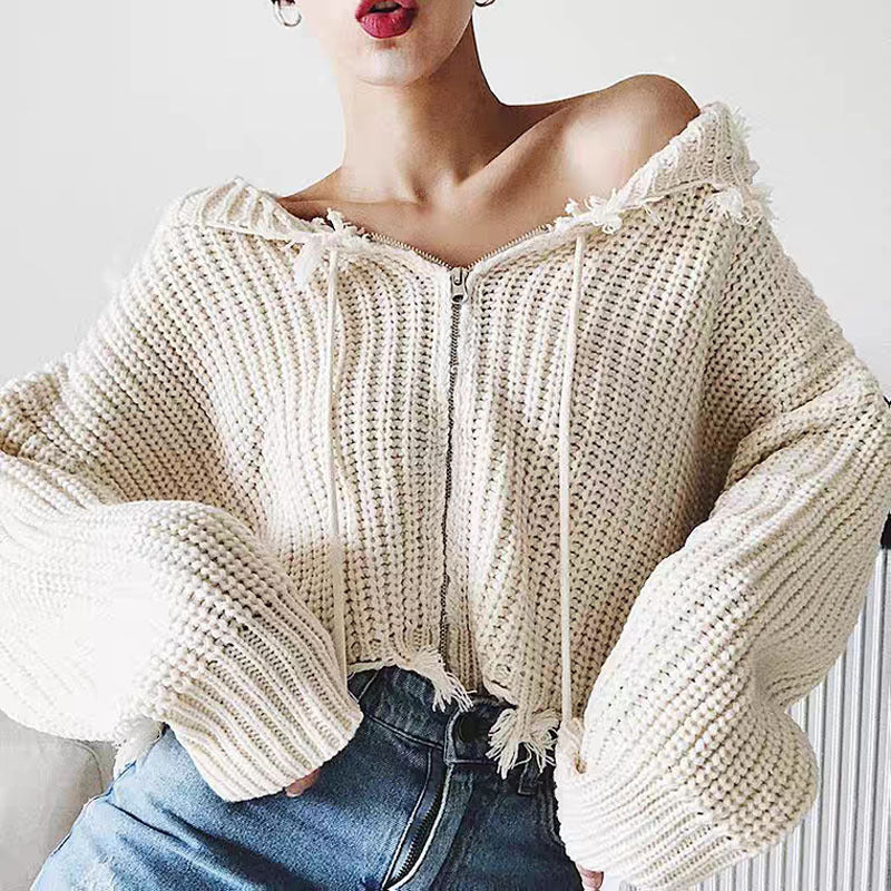 Damen lässige Strickjacke mit Kapuze und asymmetrischem Saum Drune