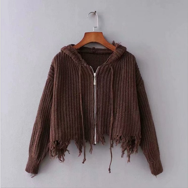 Damen lässige Strickjacke mit Kapuze und asymmetrischem Saum Drune