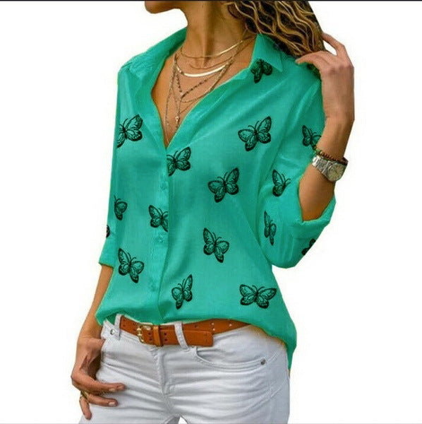 Damen nan lockere Longbluse mit Schmetterlingsprint und Hemdkragen Drune