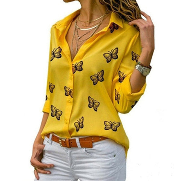 Damen nan lockere Longbluse mit Schmetterlingsprint und Hemdkragen Drune