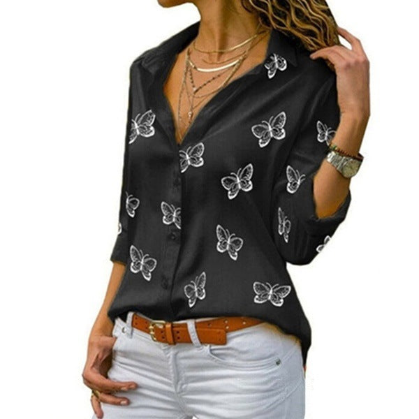 Damen nan lockere Longbluse mit Schmetterlingsprint und Hemdkragen Drune