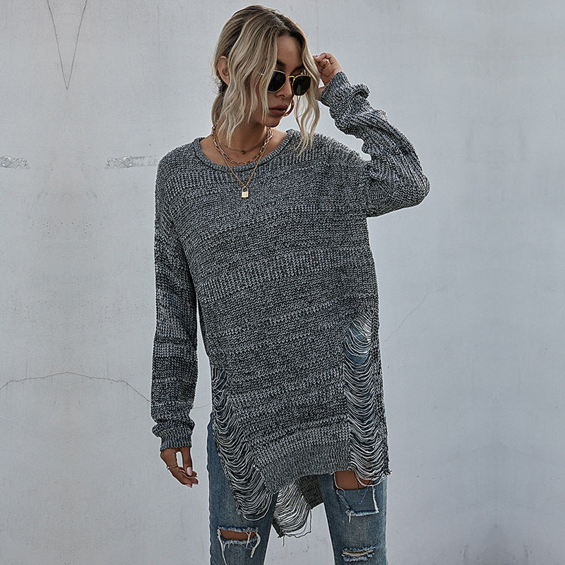Damen lässiger Strickpullover mit moderner Fransenoptik und asymmetrischem Saum Drune