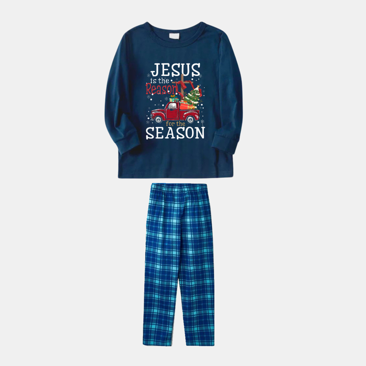 Drune | Marineblaues und Himmelblaues Karierter Weihnachts-Pyjama-Set mit "Jesus ist der Grund für die Jahreszeit" Textdruck