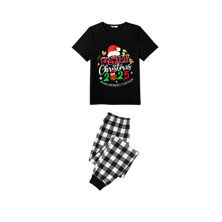 Drune | Gemeinsam Erinnerungen schaffen Familie Weihnachts 2025 Pyjama Set - Schwarzes Oberteil Schwarz-Weiße Karohosen Santa Hut Grafik