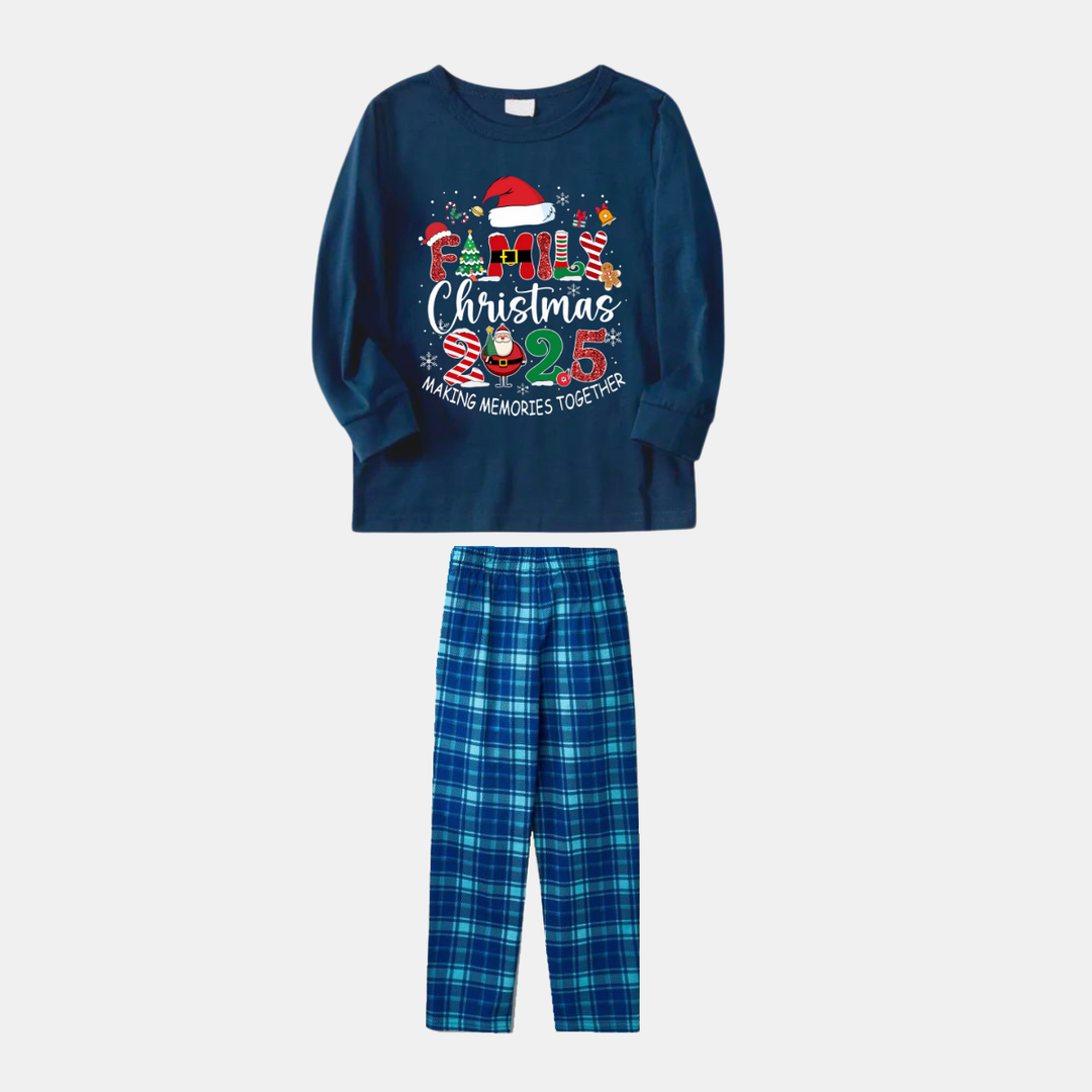 Drune | Marineblaues und Himmelsblaues Karomuster Weihnachts-Pyjama-Set mit "Familien-Weihnachten 2025 Erinnerungen gemeinsam schaffen" Textdruck