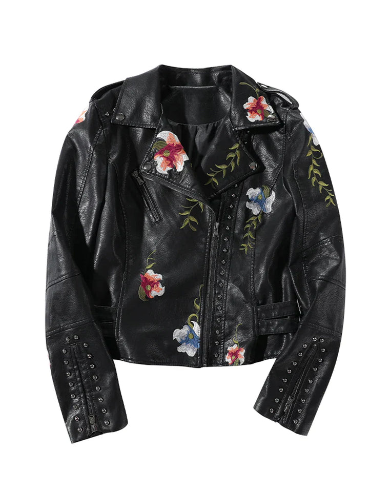 Drune | Damen-Lederjacke mit Nieten-Akzent und Blumenmuster