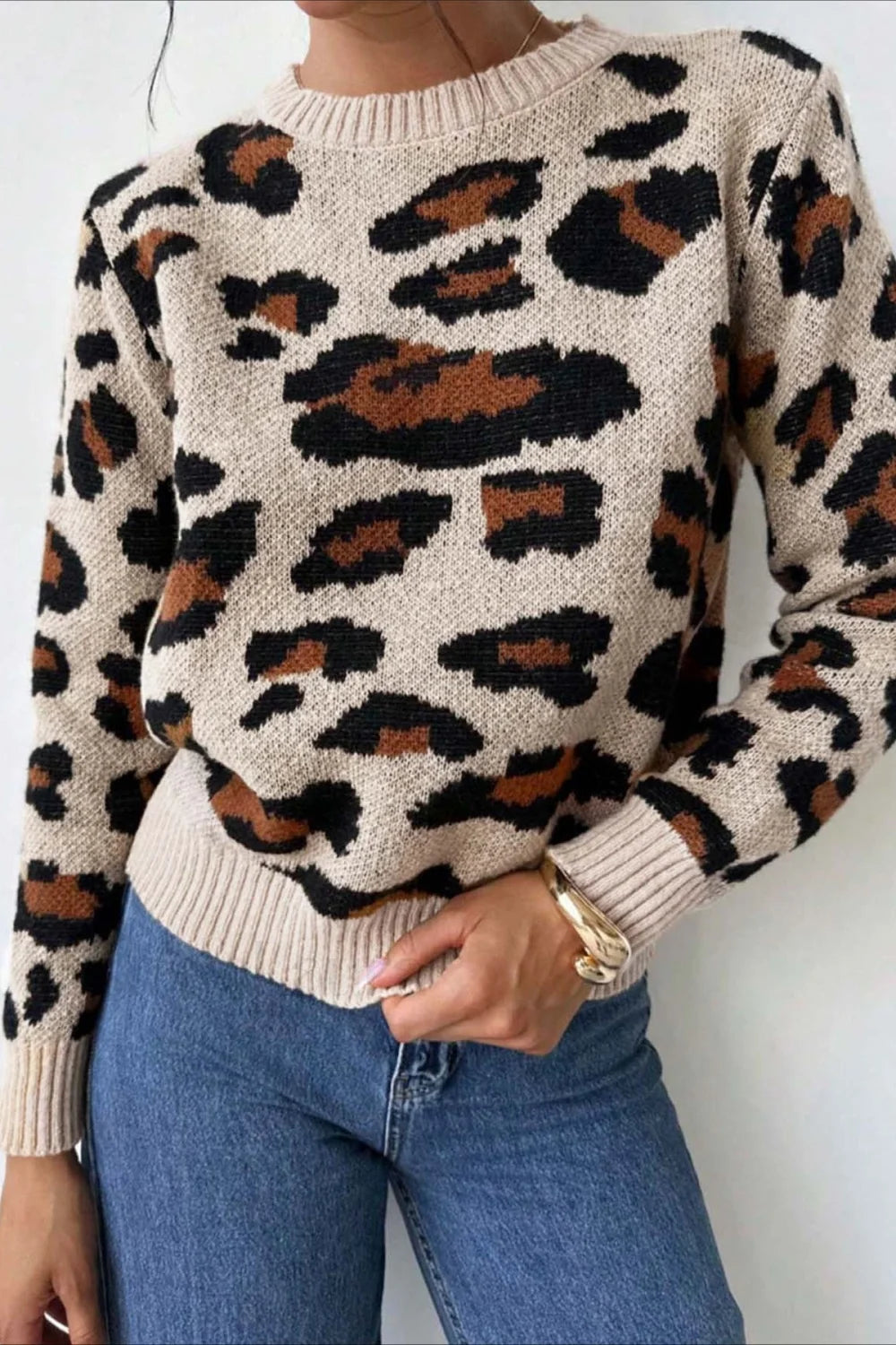 Drune | Pullover mit Farbfeld und Leopardenmuster und Rundhalsausschnitt