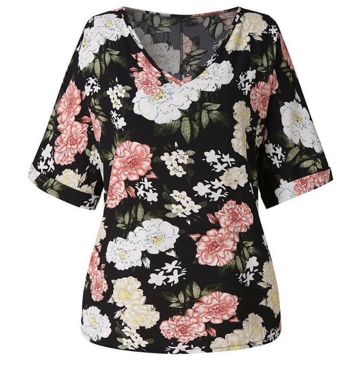 Damen Blumendesign T-Shirt mit V-Ausschnitt und lockerer Passform Drune
