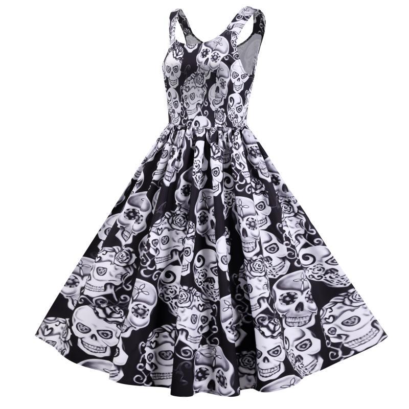 Damen Retro A-Linien Kleid mit Totenkopf-Design und voluminösem Rock Drune