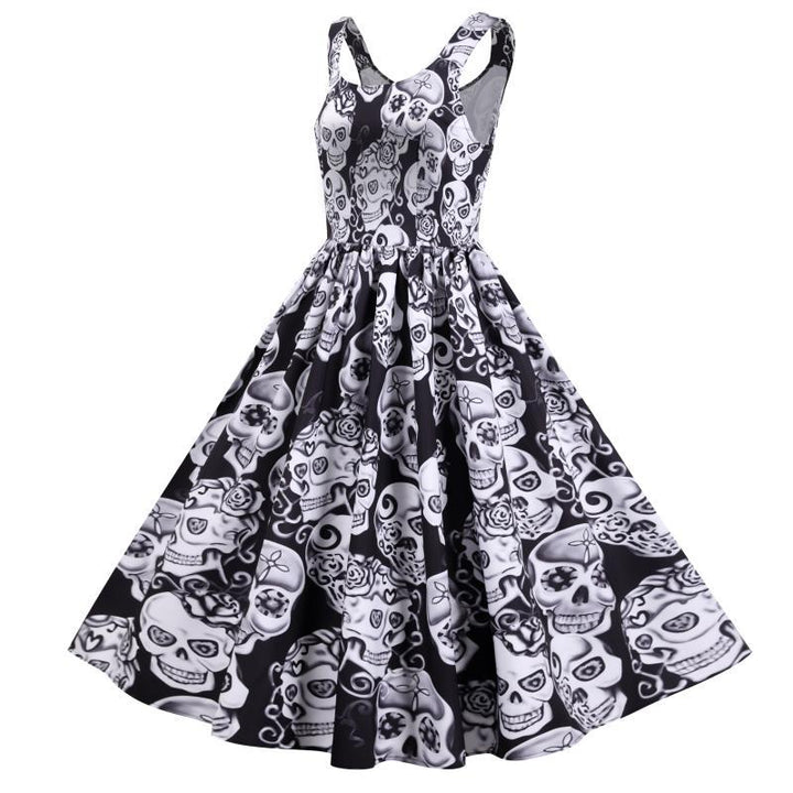 Damen Retro A-Linien Kleid mit Totenkopf-Design und voluminösem Rock Drune