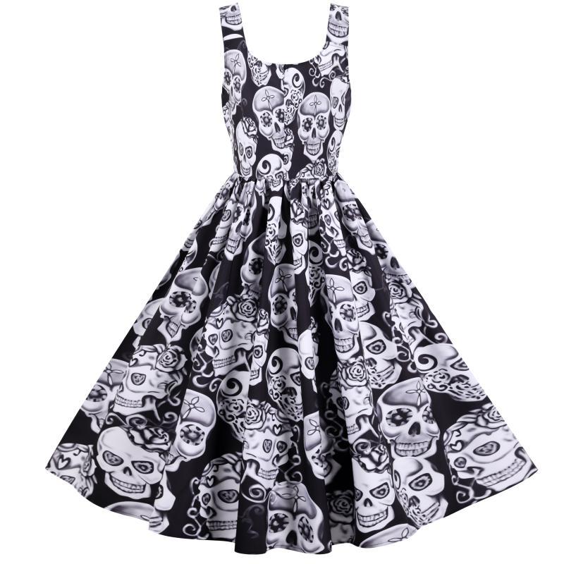 Damen Retro A-Linien Kleid mit Totenkopf-Design und voluminösem Rock Drune