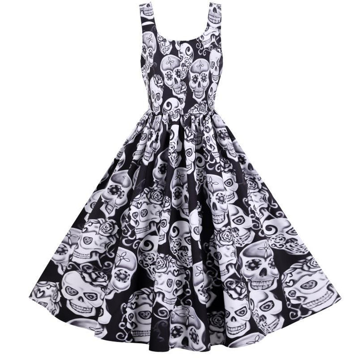Damen Retro A-Linien Kleid mit Totenkopf-Design und voluminösem Rock Drune