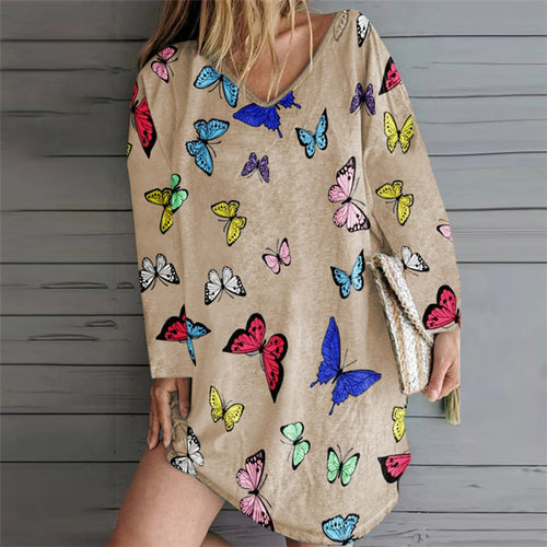 Damen lässiges Strandkleid mit buntem Schmetterlingsmuster und weiten Ärmeln Drune