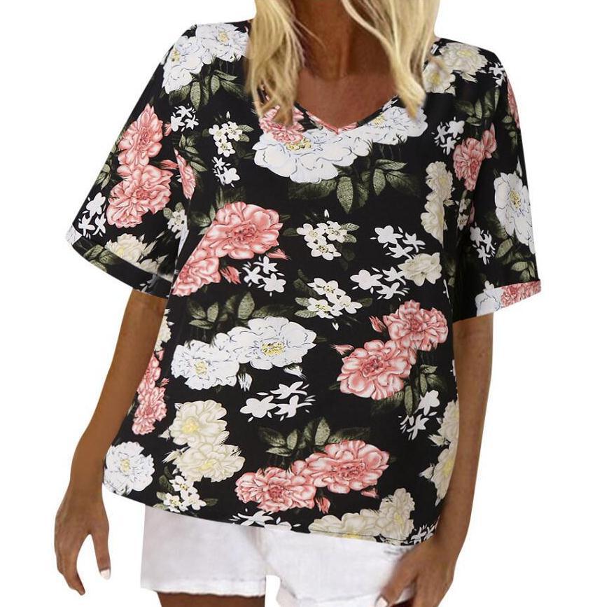 Damen Blumendesign T-Shirt mit V-Ausschnitt und lockerer Passform Drune