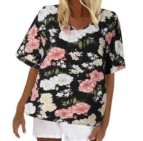 Damen Blumendesign T-Shirt mit V-Ausschnitt und lockerer Passform Drune