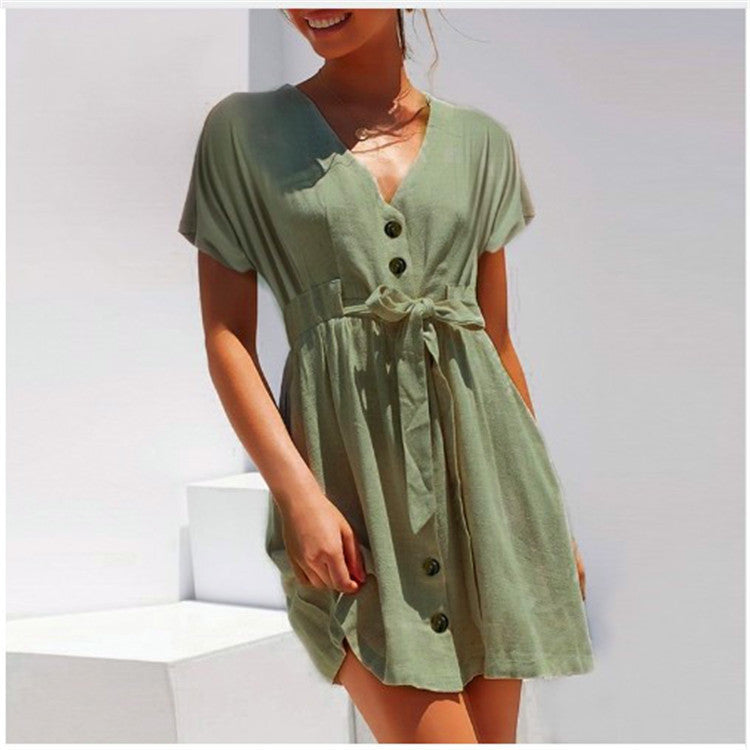 Damen Knopf-leichtes Sommerkleid mit Taillengürtel Drune