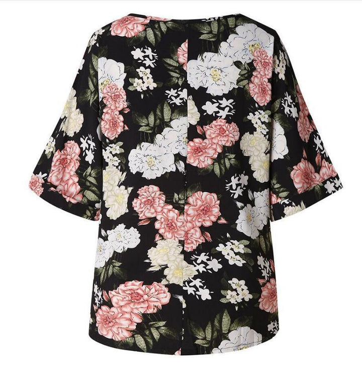 Damen Blumendesign T-Shirt mit V-Ausschnitt und lockerer Passform Drune