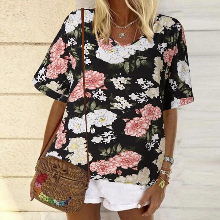 Damen Blumendesign T-Shirt mit V-Ausschnitt und lockerer Passform Drune