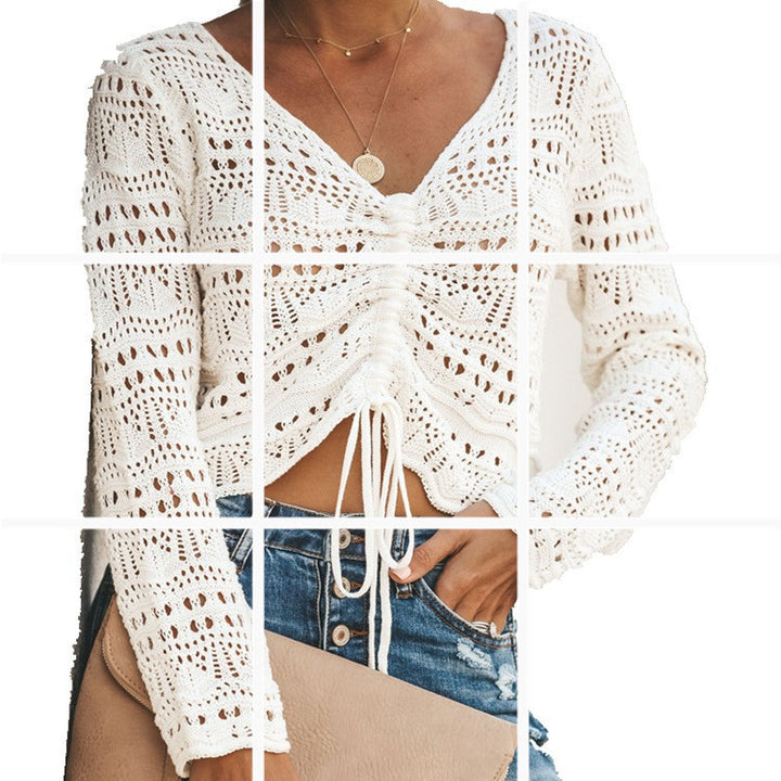 Damen Strickoberteil mit transparentem Häkel-Muster und praktischer Bindebindung Drune