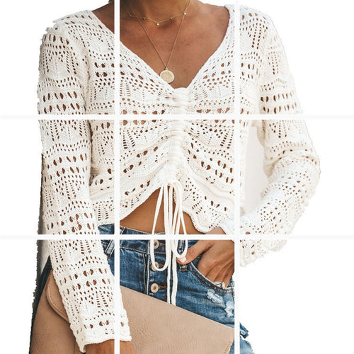 Damen Strickoberteil mit transparentem Häkel-Muster und praktischer Bindebindung Drune