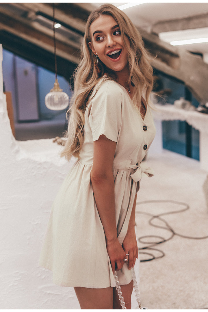 Damen Knopf-leichtes Sommerkleid mit Taillengürtel Drune