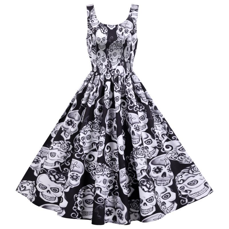 Damen Retro A-Linien Kleid mit Totenkopf-Design und voluminösem Rock Drune