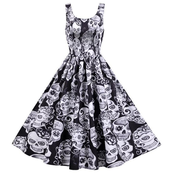 Damen Retro A-Linien Kleid mit Totenkopf-Design und voluminösem Rock Drune