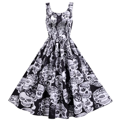 Damen Retro A-Linien Kleid mit Totenkopf-Design und voluminösem Rock Drune