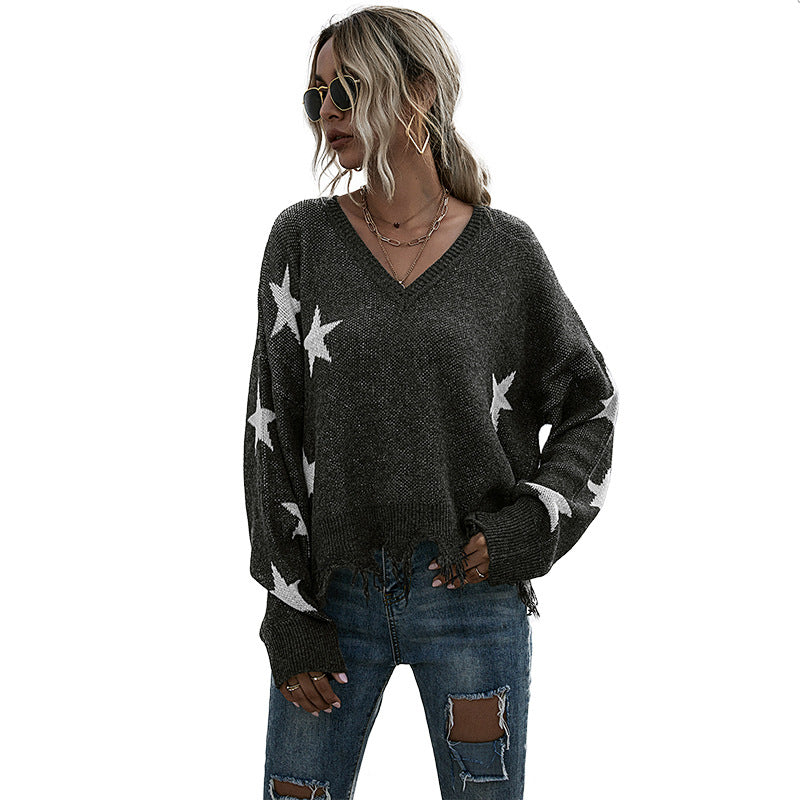 Damen Oversize Pullover mit Sternenmuster und tiefem V-Ausschnitt Drune