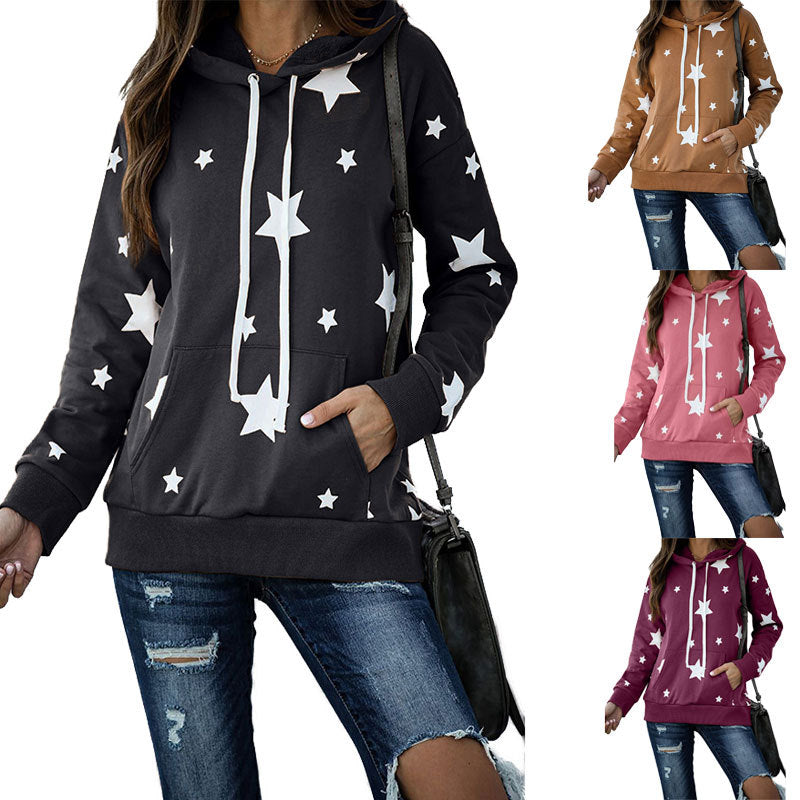 Damen lockerer Hoodie mit Sternenmotiv und praktischer Kängurutasche Drune