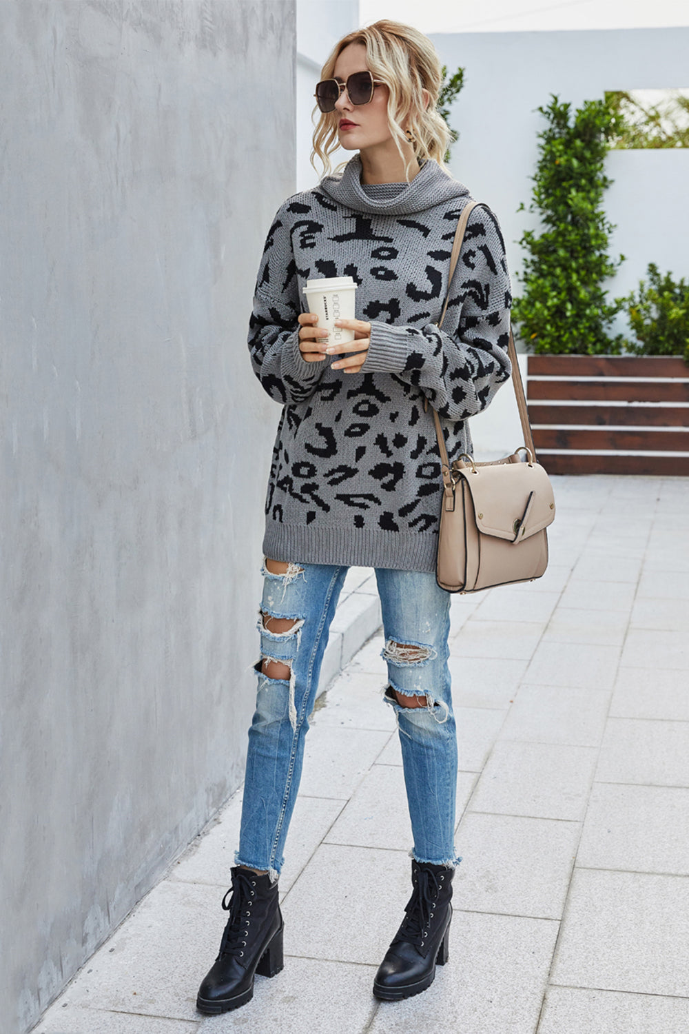 Drune Lockere Leopardenmuster Umlegekragen Pullover