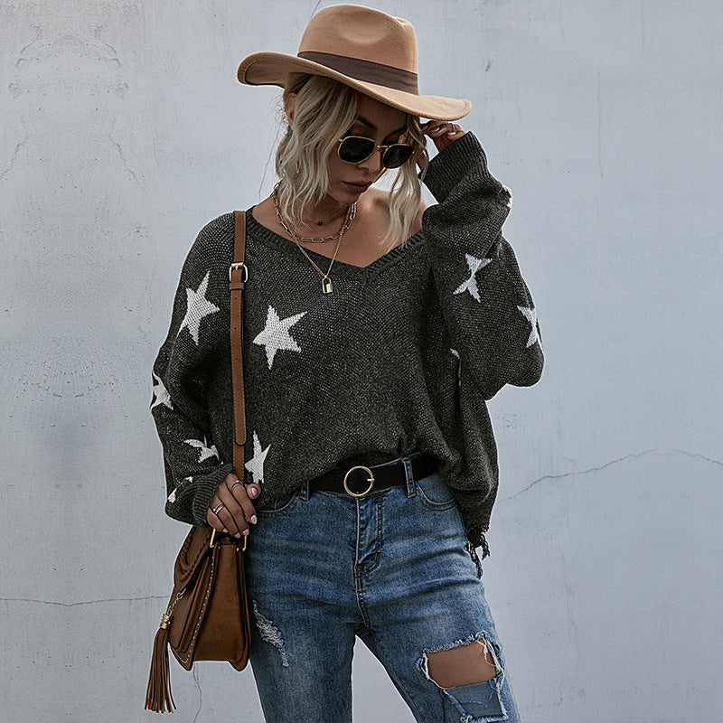 Damen Oversize Pullover mit Sternenmuster und tiefem V-Ausschnitt Drune