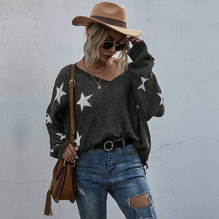 Damen Oversize Pullover mit Sternenmuster und tiefem V-Ausschnitt Drune
