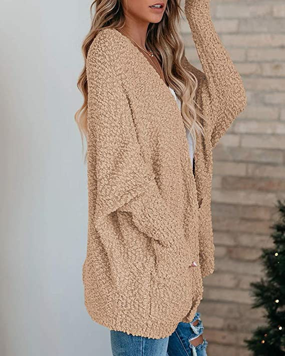 Damen kuschelige Strickjacke mit offenem Schnitt und großen Taschen Drune