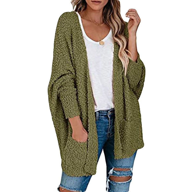 Damen gemütliche Strickjacke mit voluminösen Ärmeln und praktischen Taschen Drune