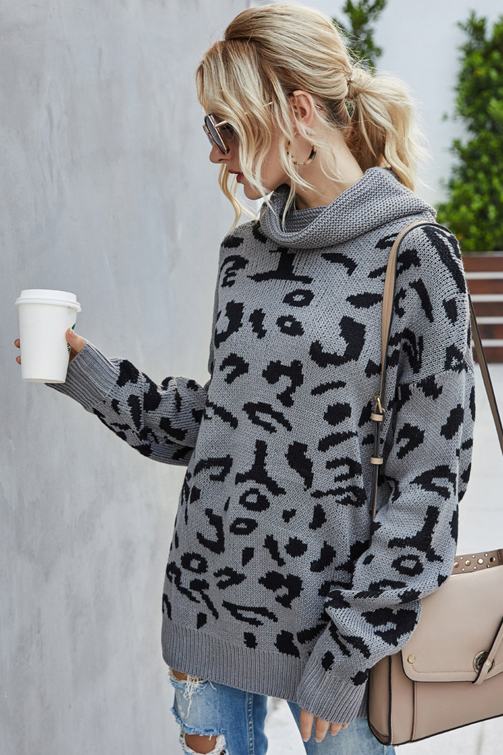 Drune Lockere Leopardenmuster Umlegekragen Pullover