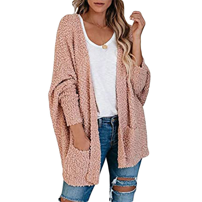 Damen gemütliche Strickjacke mit voluminösen Ärmeln und praktischen Taschen Drune