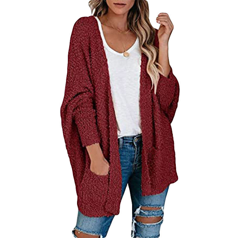 Damen gemütliche Strickjacke mit voluminösen Ärmeln und praktischen Taschen Drune