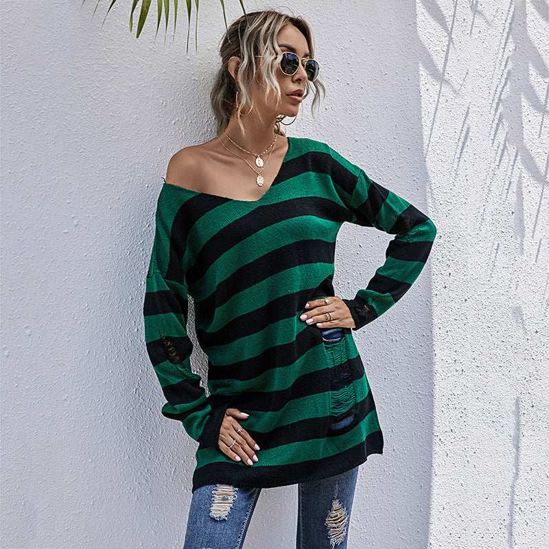 Damen Oversized Strickpullover mit tiefem V-Ausschnitt und modischem Streifenmuster Drune