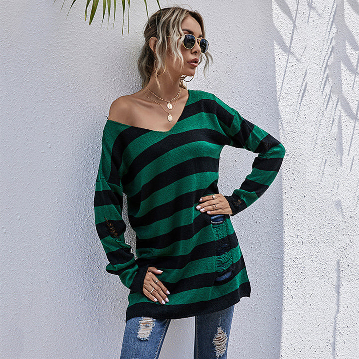 Damen Oversized Strickpullover mit tiefem V-Ausschnitt und modischem Streifenmuster Drune
