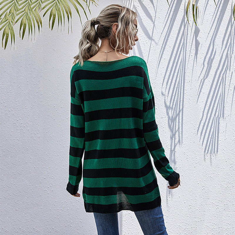 Damen Oversized Strickpullover mit tiefem V-Ausschnitt und modischem Streifenmuster Drune