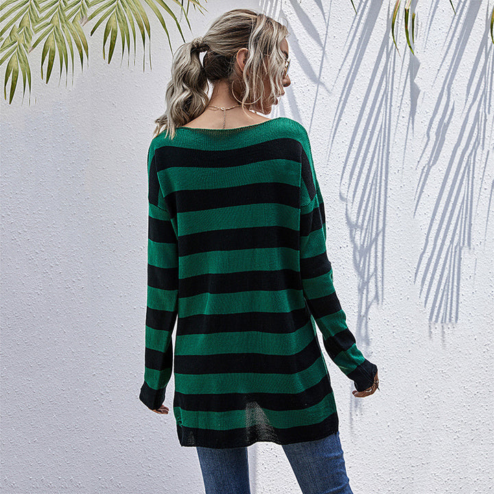 Damen Oversized Strickpullover mit tiefem V-Ausschnitt und modischem Streifenmuster Drune