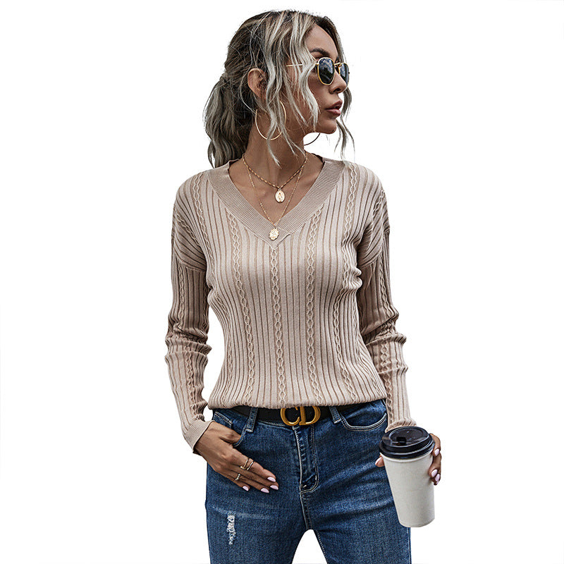 Damen Strickpullover mit V-Ausschnitt und modischem Rippenmuster Drune