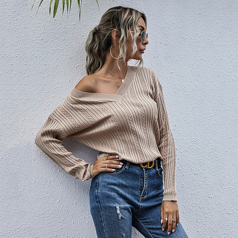 Damen Strickpullover mit V-Ausschnitt und modischem Rippenmuster Drune